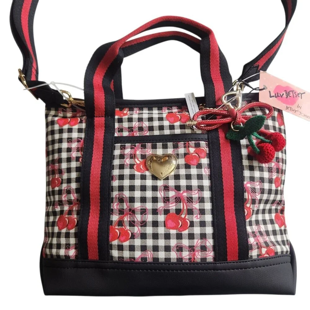 Betsey Johnson Cherry Gingham Tote Bag Black Red w/ Crossbody Strap NWT